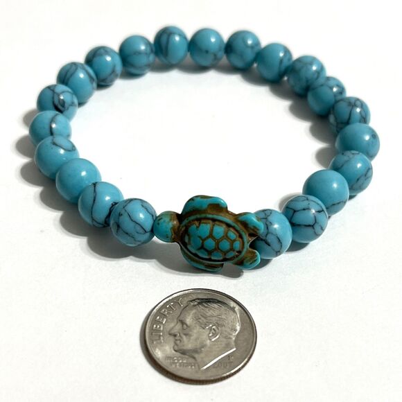 Sea Turtle Howlite Stone Beaded Stretch Bracelet Blue Simulated Turquoise Ocean - Picture 3 of 10